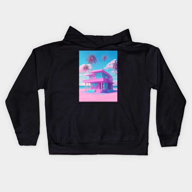 Synthwave beach home Kids Hoodie by Spaceboyishere